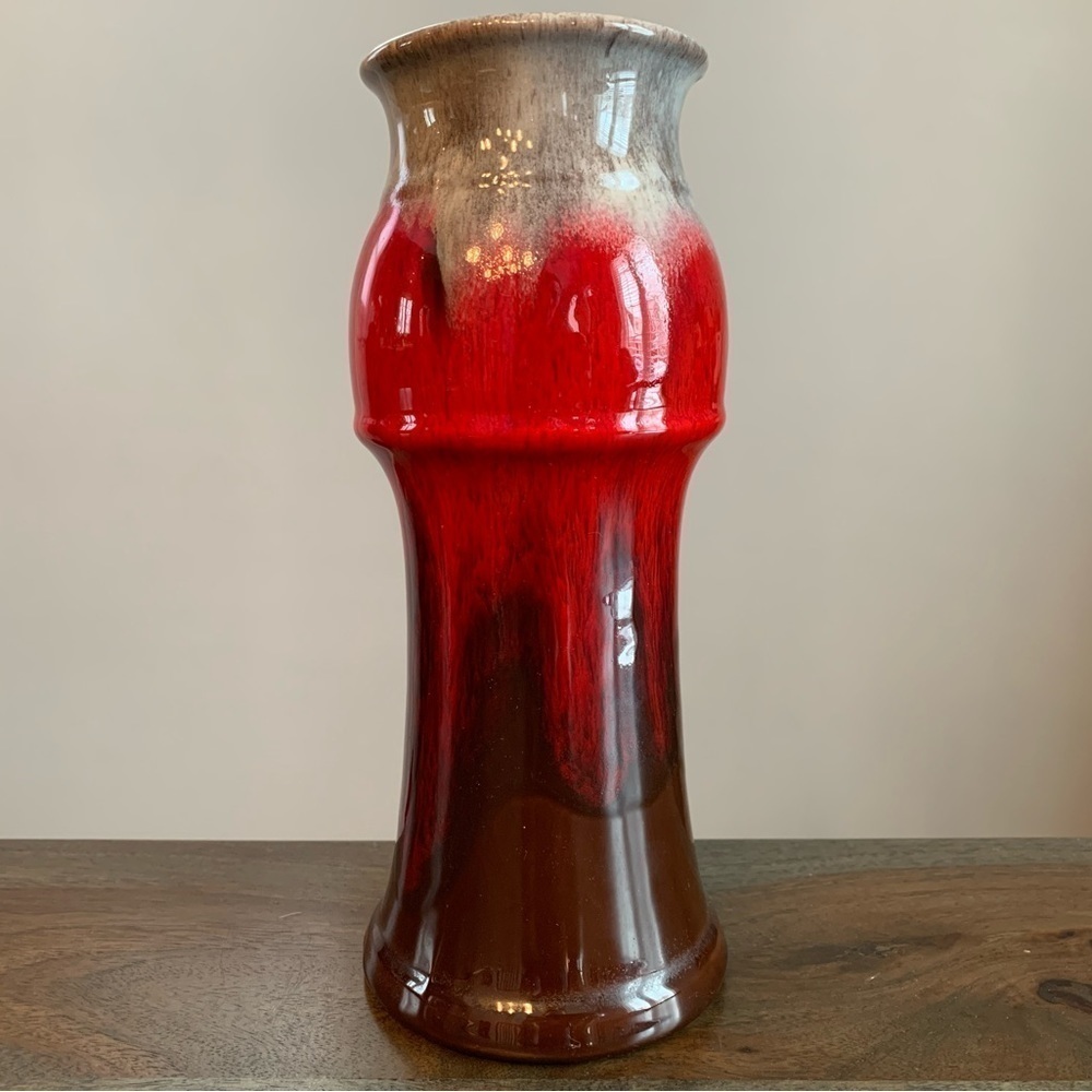 Tall Vase Stamped Canadiana Pottery Made in Canada Red Gray Brown Vintage.